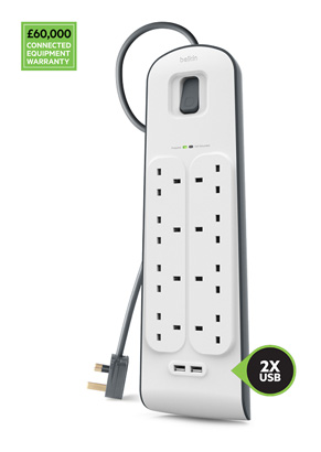Belkin 8-Outlet Surge Protector with 2M Cord + 2 USB