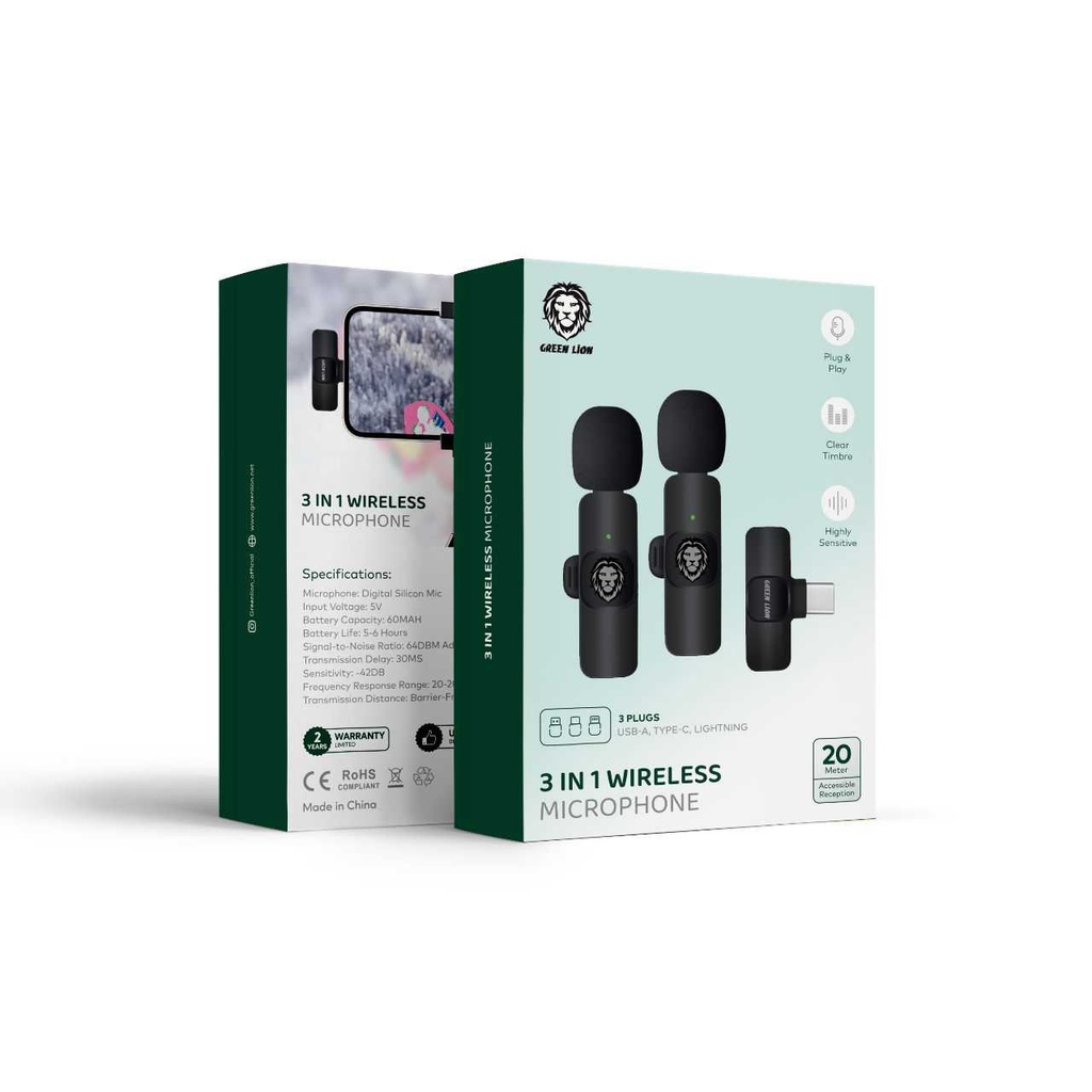 Green Lion 3 in 1 Wireless Microphone (3 Plugs) | USB-A, Type-C, Lightning
