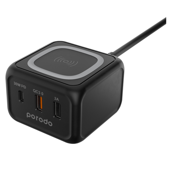 Porodo Desktop Charger with Fast-Wireless Charging USB-C PD and Dual USB-A PD 30W